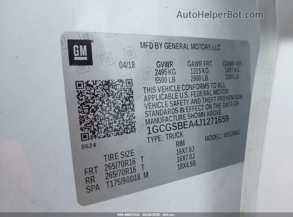 1GCGSBEA4J1271659 2018 CHEVROLET COLORADO White Vista del compartimento del motor