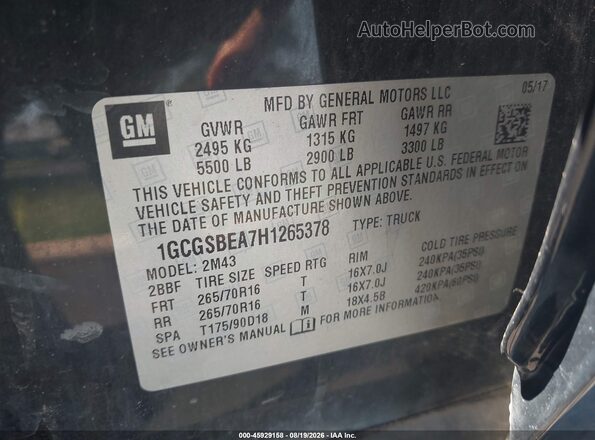 1GCGSBEA7H1265378 2017 CHEVROLET COLORADO Black Вид підкапотного простору