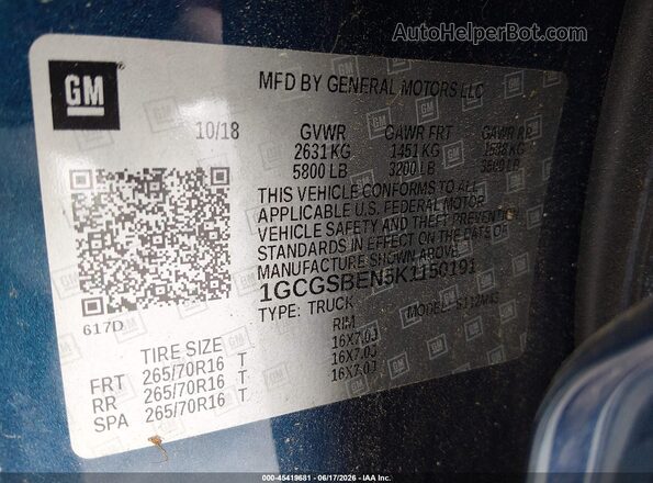 1GCGSBEN5K1150191 2019 CHEVROLET COLORADO Blue Շարժիչի բաժամունքի տեսք