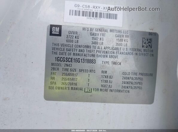 1GCGSCE16G1318883 2016 CHEVROLET COLORADO Белый Вид подкапотного пространства