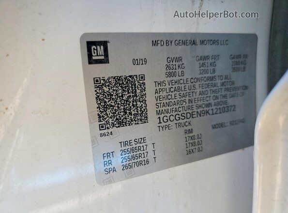1GCGSDEN9K1210372 2019 CHEVROLET COLORADO White Вид підкапотного простору