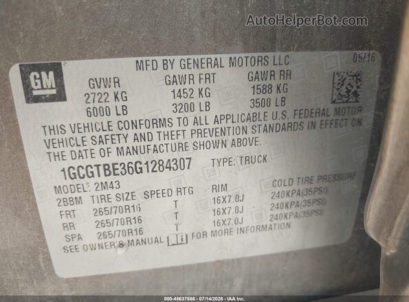 1GCGTBE36G1284307 2016 CHEVROLET COLORADO Pewter Вид наклейки с VIN-кодом
