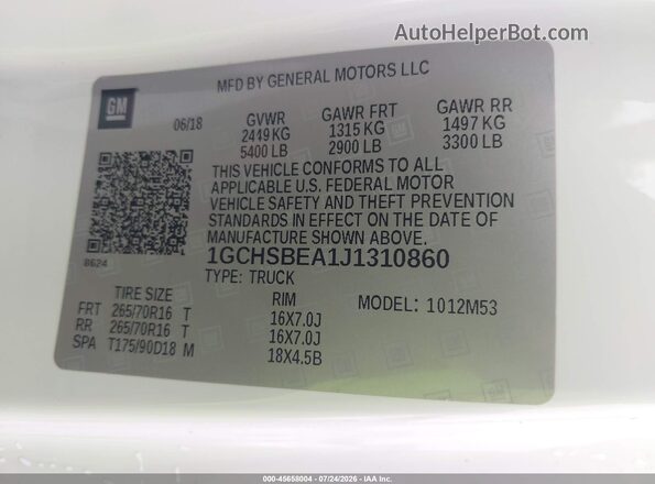 1GCHSBEA1J1310860 2018 CHEVROLET COLORADO White Engine compartment view
