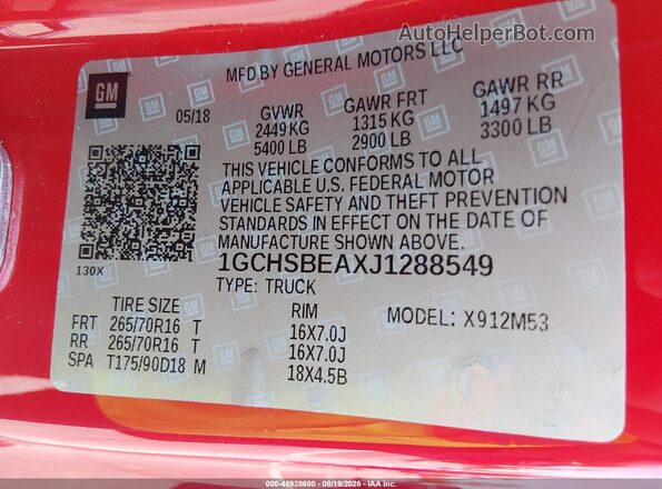 1GCHSBEAXJ1288549 2018 CHEVROLET COLORADO Красный Вид подкапотного пространства