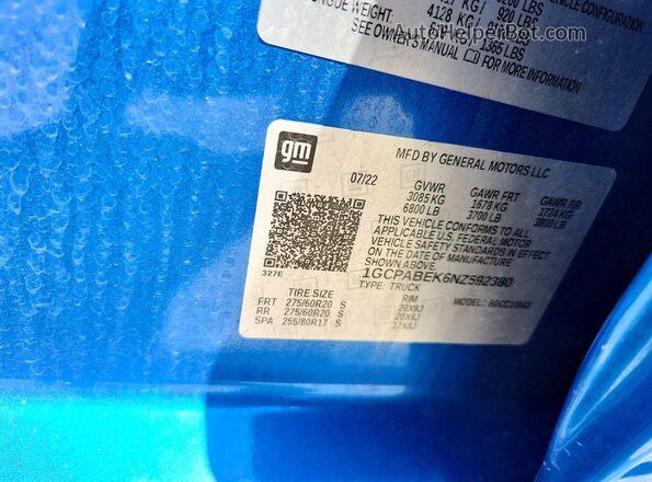 1GCPABEK6NZ592380 2022 CHEVROLET SILVERADO Blue VIN კოდის სტიკერის ხედი