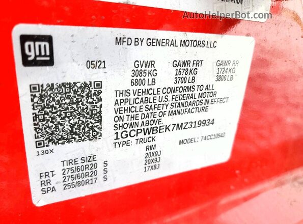 1GCPWBEK7MZ319934 2021 CHEVROLET SILVERADO Red Vista de la etiqueta del VIN