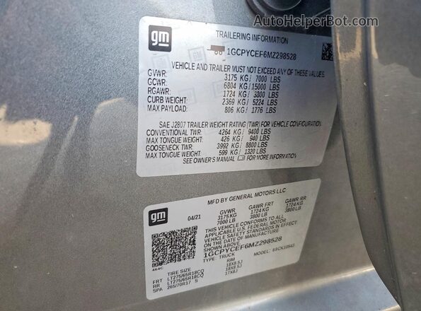 1GCPYCEF6MZ298528 2021 CHEVROLET SILVERADO Gray Вид підкапотного простору