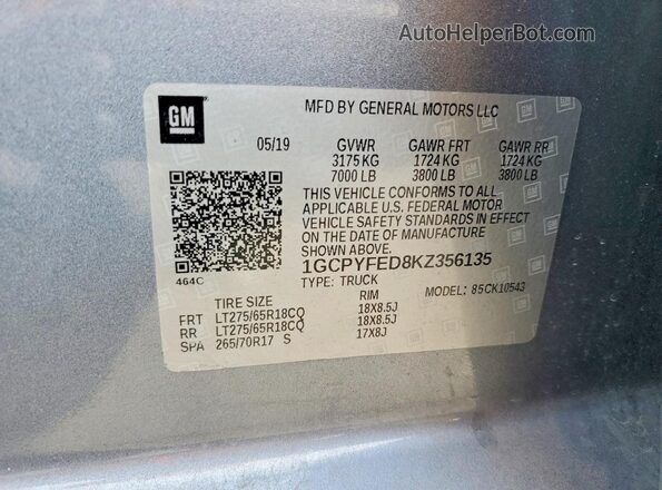 1GCPYFED8KZ356135 2019 CHEVROLET SILVERADO Charcoal Widok komory silnika