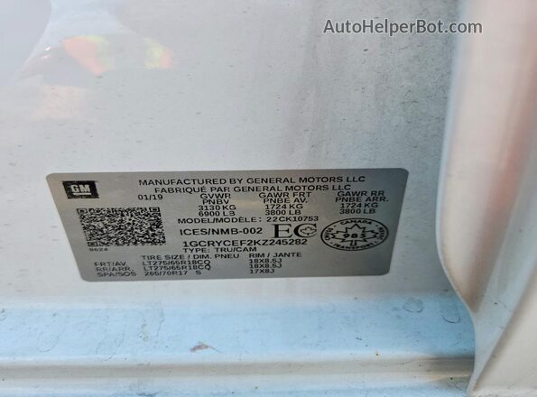 1GCRYCEF2KZ245282 2019 CHEVROLET 1500 White Widok naklejki z numerem VIN