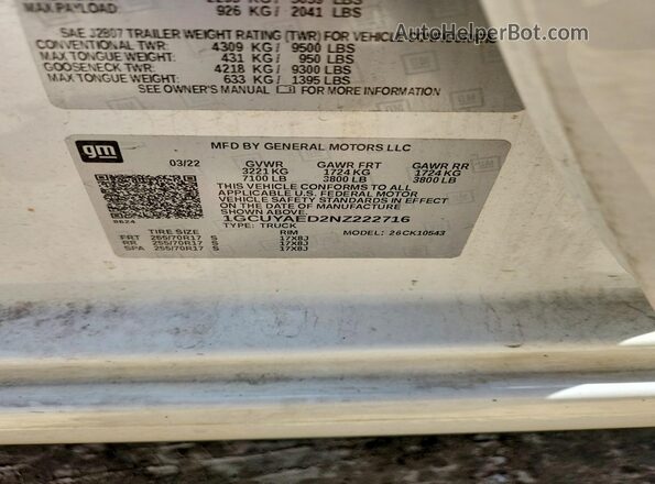 1GCUYAED2NZ222716 2022 CHEVROLET SILVERADO White ძრავის განყოფილების ხედი