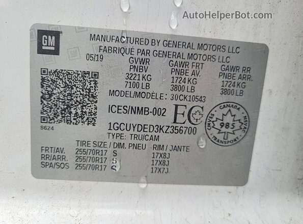 1GCUYDED3KZ356700 2019 CHEVROLET SILVERADO White Widok komory silnika