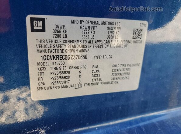 1GCVKREC5GZ370650 2016 CHEVROLET SILVERADO Blue Vista de la etiqueta del VIN