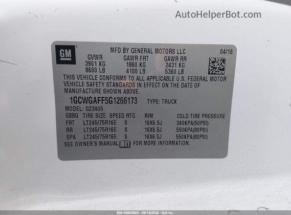 1GCWGAFF5G1266173 2016 CHEVROLET EXPRESS White Vista del compartimento del motor