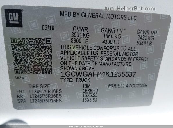1GCWGAFP4K1255537 2019 CHEVROLET EXPRESS White Widok komory silnika