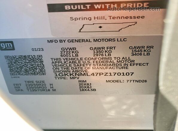 1GKKNML47PZ170107 2023 GMC ACADIA White Widok naklejki z numerem VIN