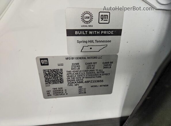1GKKNML48PZ153655 2023 GMC ACADIA White Вид наклейки з VIN-кодом