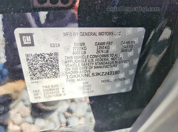 1GKKNNLS3KZ243180 2019 GMC ACADIA Black Widok naklejki z numerem VIN