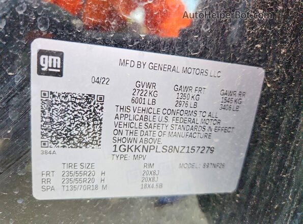 1GKKNPLS8NZ157279 2022 GMC ACADIA Black VIN կոդի պիտակի տեսք