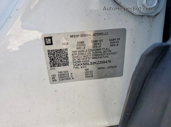 1GKKNSLS2KZ259479 2019 GMC ACADIA White 360 interior view