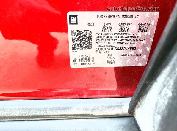 1GKKNULS5JZ244582 2018 GMC ACADIA Burgundy Vista de la etiqueta del VIN