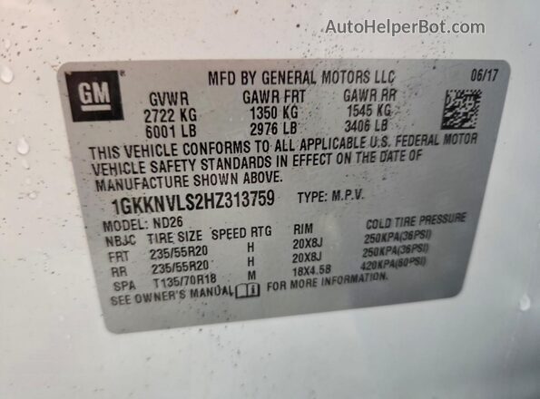 1GKKNVLS2HZ313759 2017 GMC ACADIA White Vista de la etiqueta del VIN