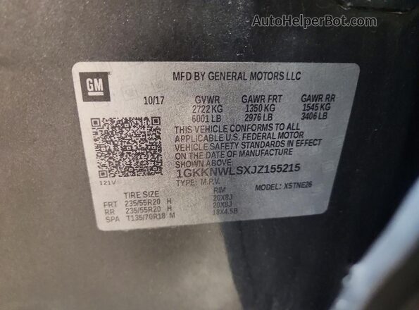1GKKNWLSXJZ155215 2018 GMC ACADIA Угольный Вид наклейки с VIN-кодом