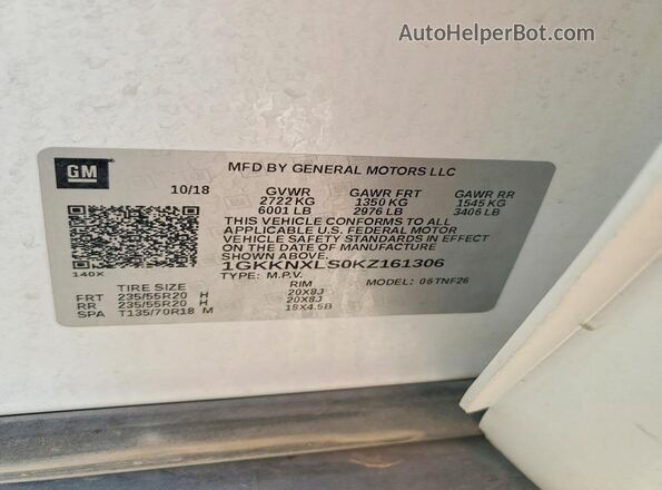 1GKKNXLS0KZ161306 2019 GMC ACADIA White Vista de la etiqueta del VIN