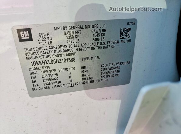1GKKNXLS6HZ131588 2017 GMC ACADIA White Вид наклейки з VIN-кодом