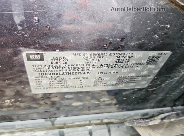 1GKKNXLS7HZ279409 2017 GMC ACADIA Gray Вид наклейки з VIN-кодом