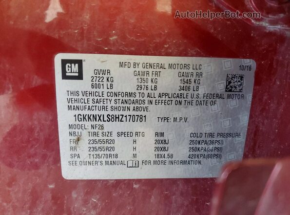 1GKKNXLS8HZ170781 2017 GMC ACADIA Burgundy VIN კოდის სტიკერის ხედი
