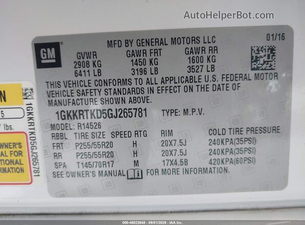 1GKKRTKD5GJ265781 2016 GMC ACADIA White Вид підкапотного простору