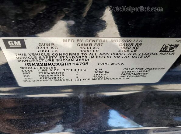 1GKS2BKCXGR114796 2016 GMC YUKON Black Vista de la etiqueta del VIN