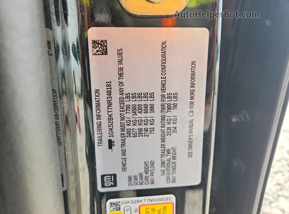1GKS2BKT7NR348181 2022 GMC YUKON Black VIN կոդի պիտակի տեսք