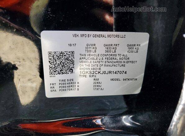 1GKS2CKJ0JR147074 2018 GMC YUKON Black Vista de la etiqueta del VIN