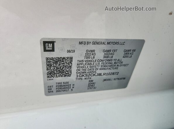 1GKS2CKJ8LR102872 2020 GMC YUKON White VIN կոդի պիտակի տեսք