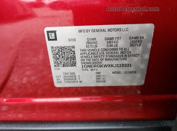 1GNERGKWXKJ119331 2019 CHEVROLET TRAVERSE Red Vista de la etiqueta del VIN