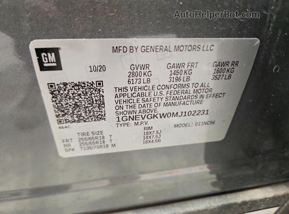 1GNEVGKW0MJ102231 2021 CHEVROLET TRAVERSE Gray VIN sticker view