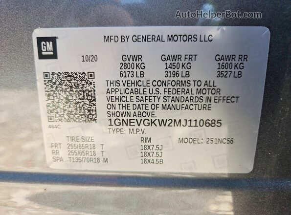 1GNEVGKW2MJ110685 2021 CHEVROLET TRAVERSE Gray Vista de la etiqueta del VIN