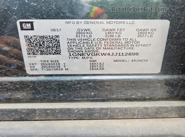 1GNEVGKW4JJ112899 2018 CHEVROLET TRAVERSE Черный Вид наклейки с VIN-кодом