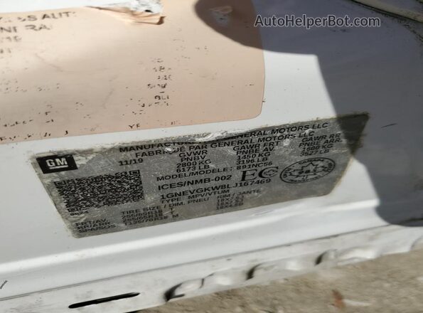 1GNEVGKW8LJ167469 2020 CHEVROLET TRAVERSE Белый Вид наклейки с VIN-кодом