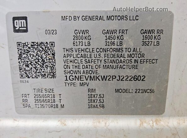 1GNEVMKW2PJ222602 2023 CHEVROLET TRAVERSE White VIN sticker view