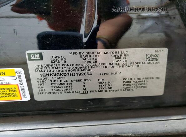 1GNKVGKD7HJ192064 2017 CHEVROLET TRAVERSE Black Widok naklejki z numerem VIN