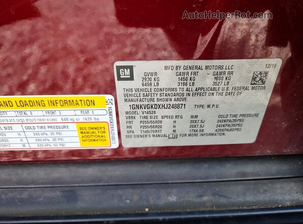 1GNKVGKDXHJ248871 2017 CHEVROLET TRAVERSE Burgundy Вид підкапотного простору