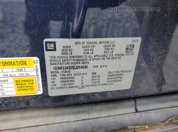 1GNKVJKD2GJ264848 2016 CHEVROLET TRAVERSE Синий Вид подкапотного пространства
