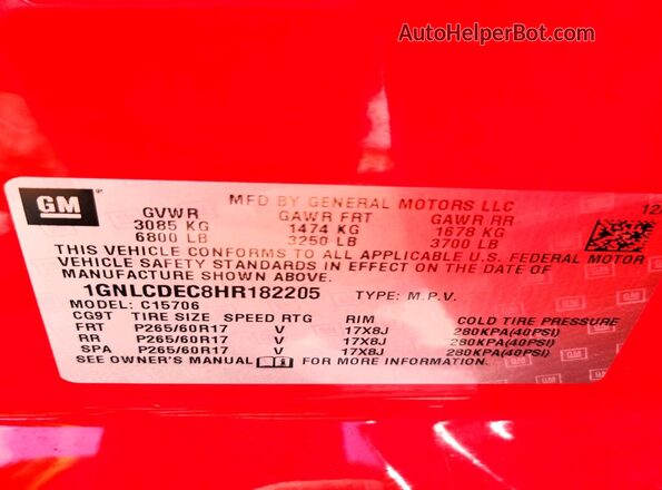 1GNLCDEC8HR182205 2017 CHEVROLET TAHOE Red VIN կոդի պիտակի տեսք