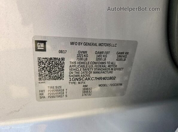 1GNSCAKC7HR401802 2017 CHEVROLET TAHOE Silver Панорамний вид салону 360°