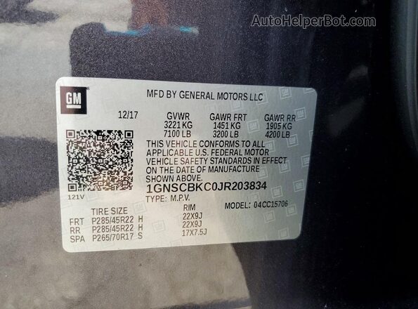 1GNSCBKC0JR203834 2018 CHEVROLET TAHOE Угольный Вид наклейки с VIN-кодом