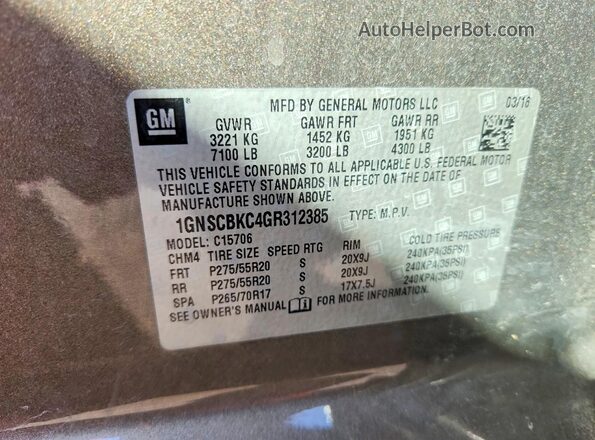 1GNSCBKC4GR312385 2016 CHEVROLET TAHOE Brown VIN sticker view