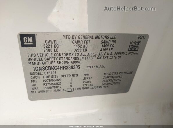 1GNSCBKC4HR330385 2017 CHEVROLET TAHOE White Engine compartment view