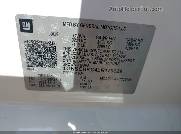 1GNSCBKC4LR170629 2020 CHEVROLET TAHOE White ძრავის განყოფილების ხედი